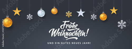 Frohe Weihnachten - Merry Christmas in German language black background template with glitter gold elements, snowflakes, stars and calligraphy