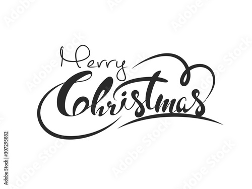 Black Calligraphy Merry Christmas Text on White Background. Can be used as greeting card design.