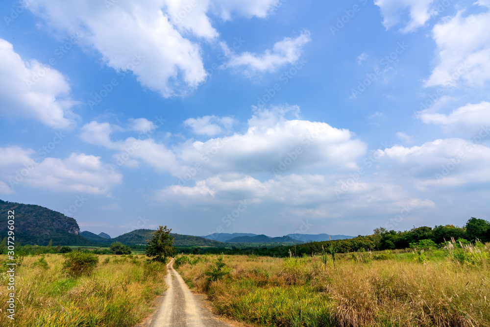 Obraz premium beautiful blue sky green forest mountains lake view at Kaeng Krachan National Park, Thailand. an idea for backpacker hiking on long weekend or a couple, family activity camping holiday relaxing