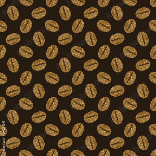 Coffee beans gold seamless pattern. Abstract hand painted golden background. Stylized texture in vintage style.
