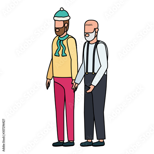 cute grandfather with young son using christmas hat