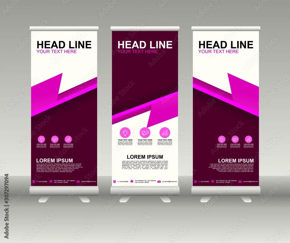 Roll up banner stand. Vertical Vector template design. Modern Flag Banner Design with abstract background can be used for Annual Report, Cover, Flyer, Magazine, Presentation, Poster, Website