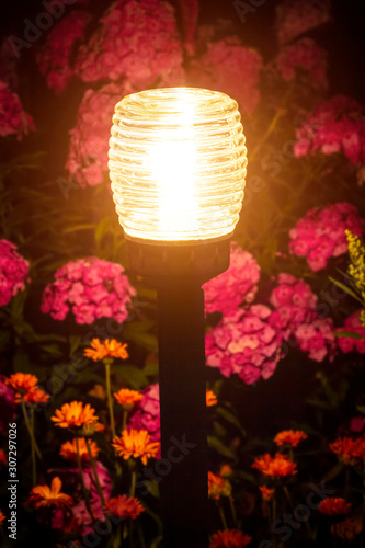 The garden lamp shines in a flower bed in a night garden.