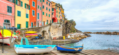 Beautiful colorful cityscape on the mountains over Mediterranean sea  Europe  Cinque Terre © muratart