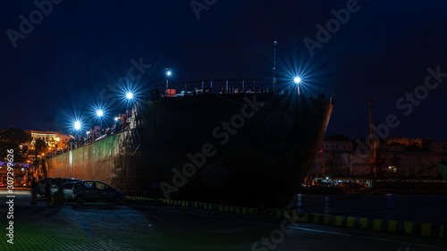 Night at the seaport in Odessa, Ukraine