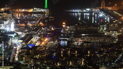 Night Time Lapse Elevated view of V&A Waterfront Harbor and cars streaking through the streets photo