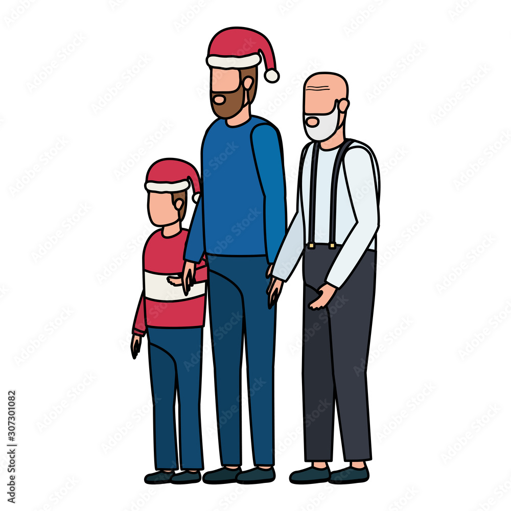 cute grandfather with young son and grandson using christmas hat