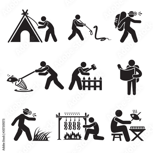 backpacker, traveler, hiker in different activities for survival in wild concept