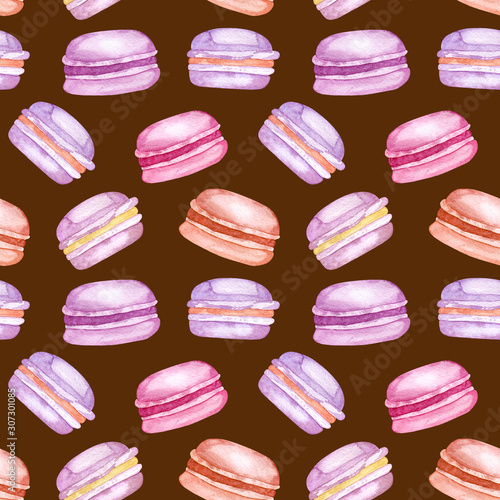 Watercolor seamless pattern of macaroon. For the design of printed materials, stationery, textiles, tableware. Create beautiful cards, covers, packaging