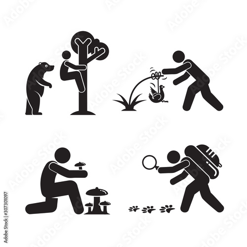 backpacker, traveler, hiker in different activities for survival in wild concept