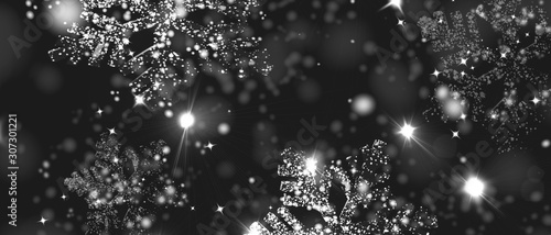 Beautiful sparkling snowflakes, christmas black and white background. Panoramic orientation.
