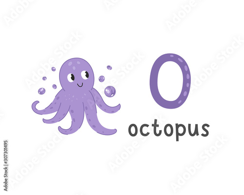 Vector illustration of alphabet letter O and octopus