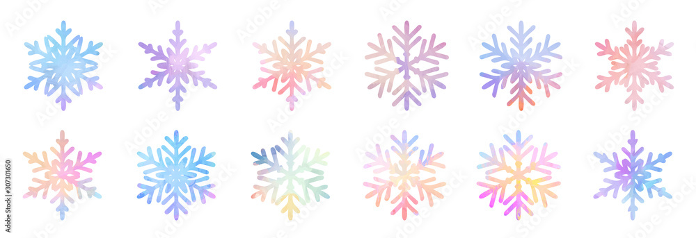 Big bundle set of colorful hand drawn doodle watercolor snowflakes icons Big bundle set of colorful hand drawn doodle watercolor snowflakes icons