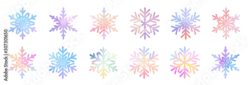 Big bundle set of colorful hand drawn doodle watercolor snowflakes	 icons