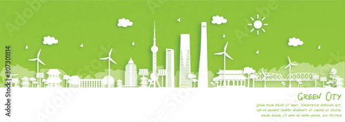 Green city of Shanghai, China. Environment and ecology concept. Vector illustration.