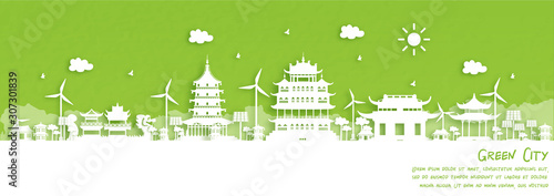 Fototapeta Naklejka Na Ścianę i Meble -  Green city of Hangzhou, China. Environment and ecology concept in paper cut style. Vector illustration.