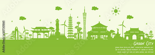 Green city of Guangzhou, China. Environment and ecology concept. Vector illustration.
