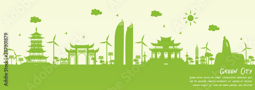 Green city of Xiamen, China. Environment and ecology concept. Vector illustration.