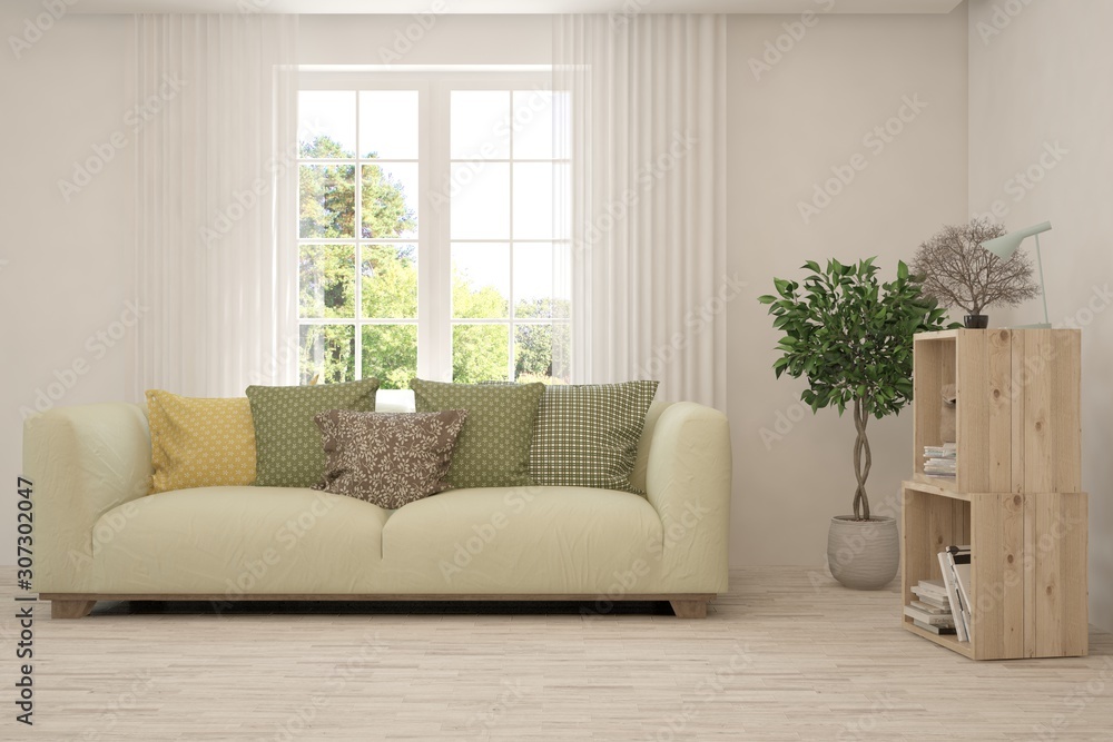 Stylish room in white color with sofa and summer landscape in window. Scandinavian interior design. 3D illustration Stylish room in white color with sofa and summer landscape in window. Scandinavian interior design. 3D illustration