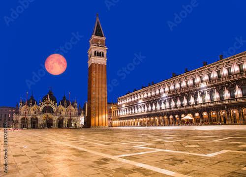 Piazza San Marco with the Basilica of Saint Mark and the bell tower of St Mark's Campanile with full moon "Elements of this image furnished by NASA "