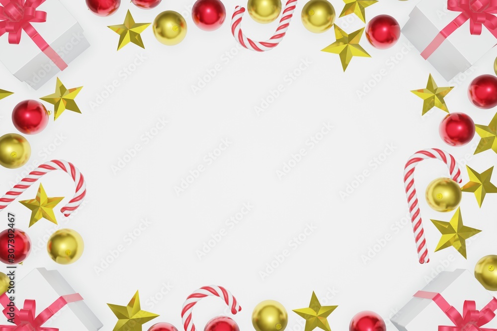 Top view Christmas and New Year white background with copy space frame, 3d rendering.