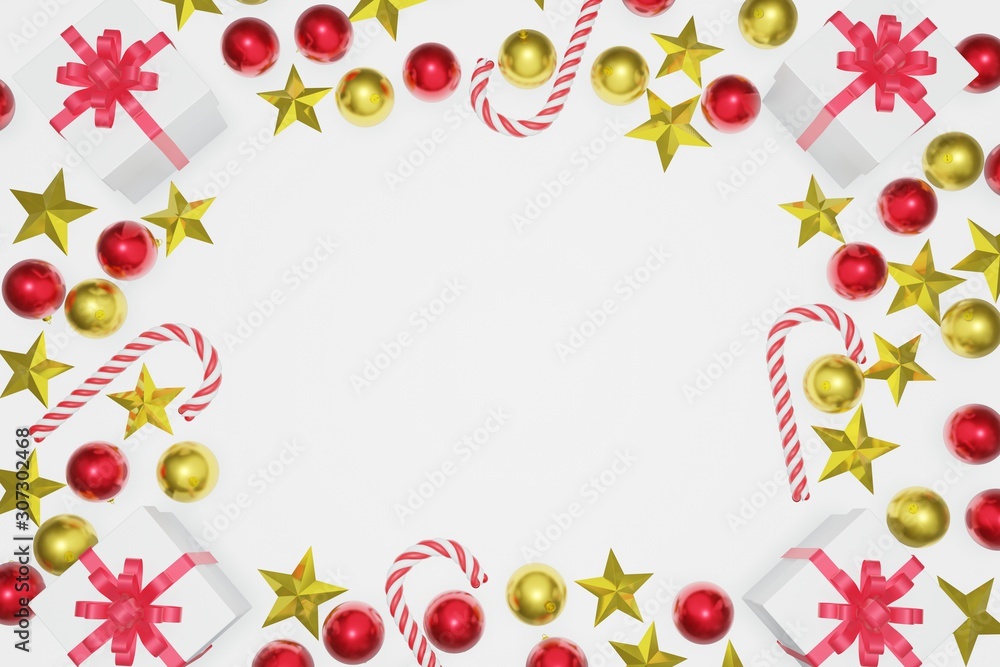 Top view Christmas and New Year white background with copy space frame, 3d rendering. Top view Christmas and New Year white background with copy space frame, 3d rendering.