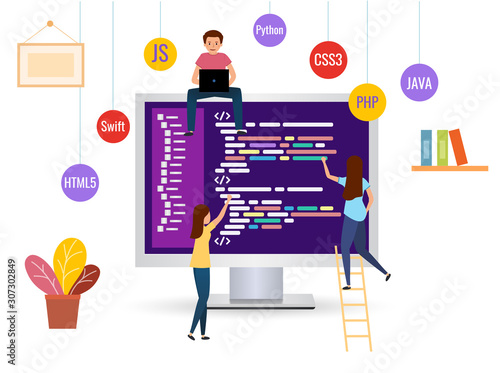 Team writes code programming for a game, app or website. Concept for web page, banner, social media. Vector illustration isolated on white. programming language.