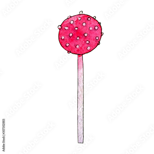 Watercolor drawing Lollipop on a stick on a white background pink with sprinkling