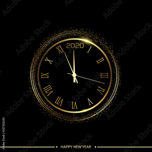 Happy 2020 Year card with golden watch on black background. Vector