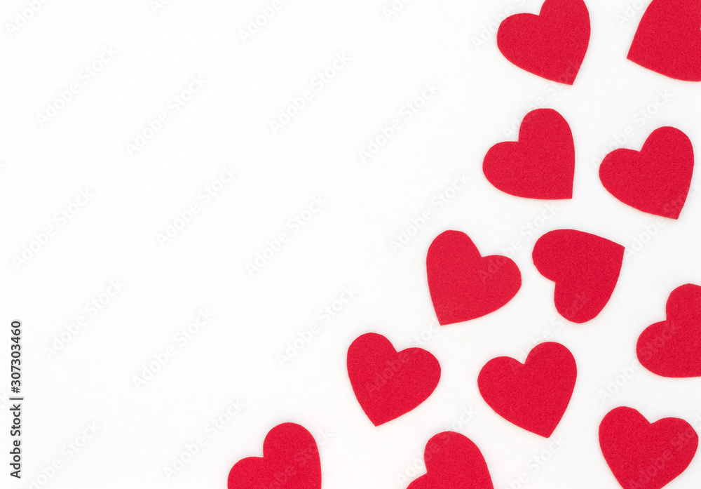 Valentine's Day white background with red hearts and copy space. Valentine greeting card. Flat lay style. Valentine's Day white background with red hearts and copy space. Valentine greeting card. Flat lay style.