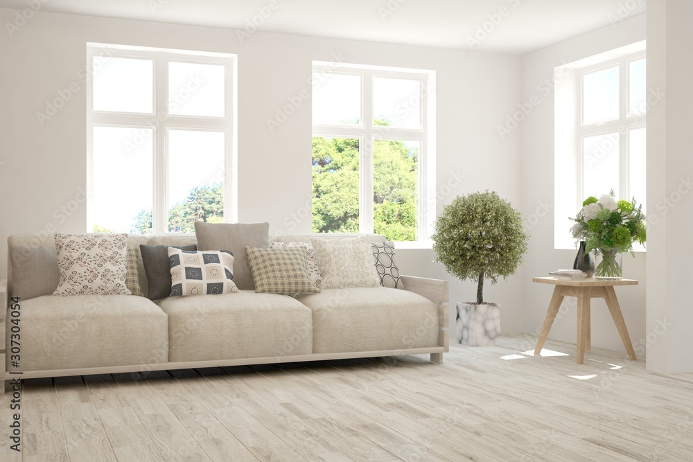 Stylish room in white color with sofa and summer landscape in window. Mixed media. Scandinavian interior design. 3D illustration Stylish room in white color with sofa and summer landscape in window. Mixed media. Scandinavian interior design. 3D illustration