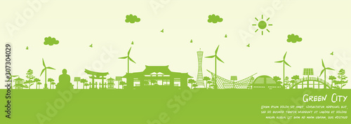 Green city of Kobe, Japan. Environment and ecology concept. Vector illustration.