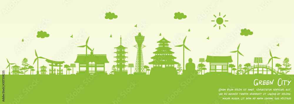 Obraz premium Green city of Osaka, Japan. Environment and ecology concept. Vector illustration.