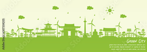 Green city of Kyoto, Japan. Environment and ecology concept. Vector illustration.