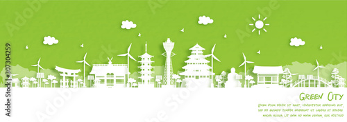 Green city of Osaka, Japan. Environment and ecology concept in paper cut style. Vector illustration.