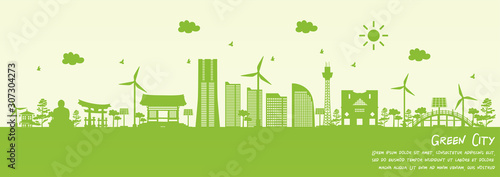 Green city of Yokohama, Japan. Environment and ecology concept. Vector illustration.