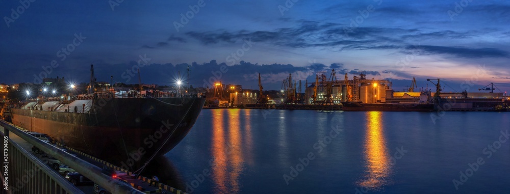 Night at the seaport in Odessa, Ukraine