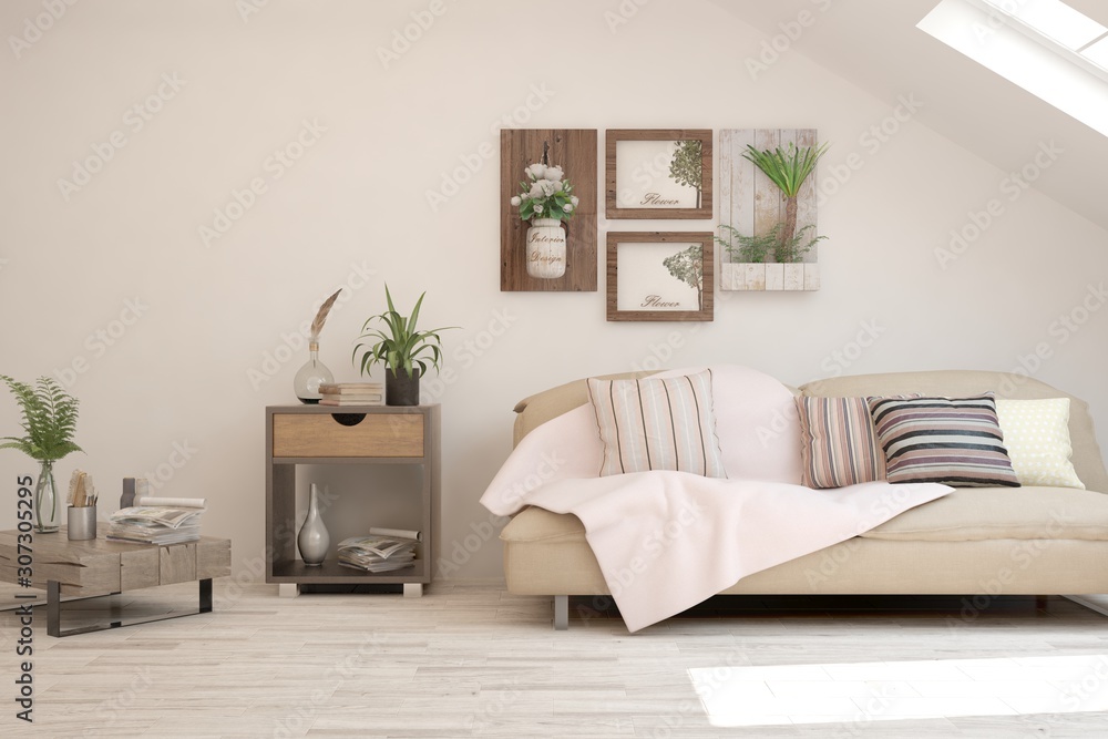 Naklejka premium Stylish room in white color with sofa. Scandinavian interior design. 3D illustration