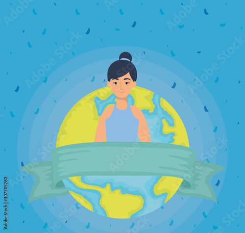 young woman with earth planet character