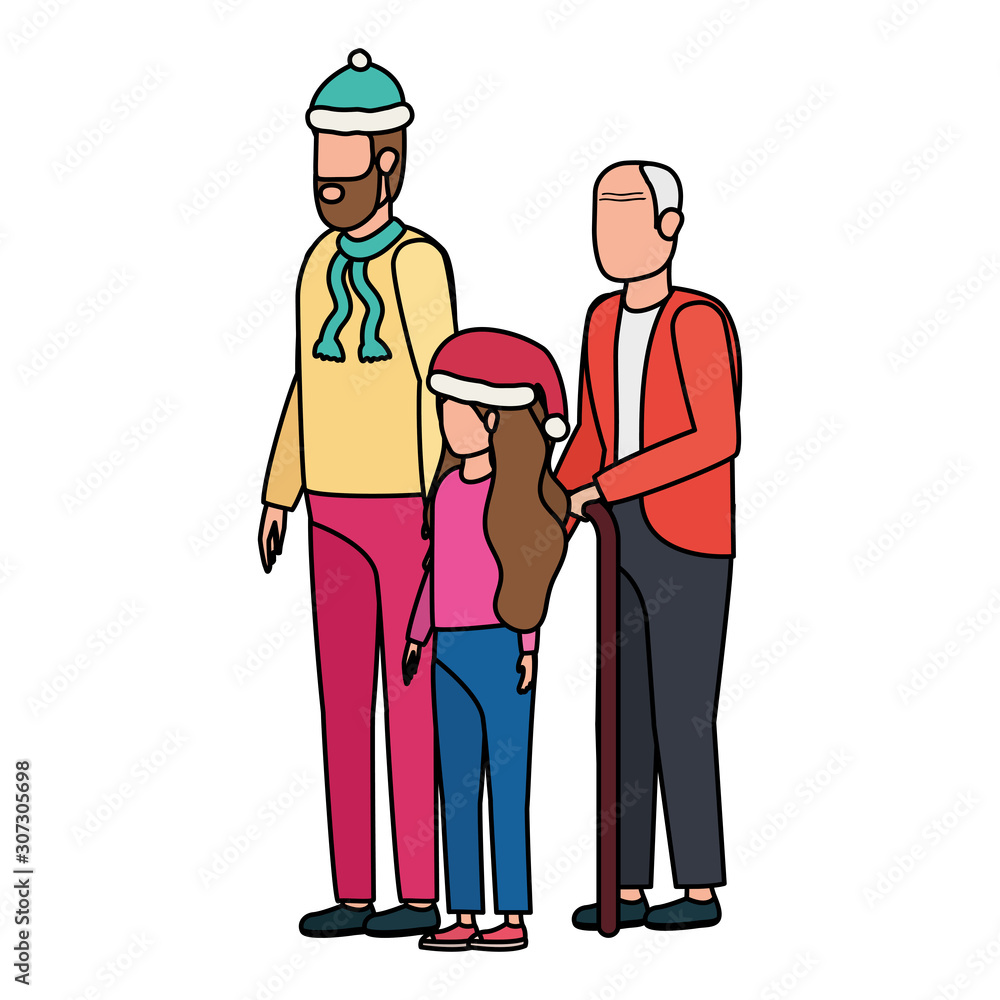 cute grandfather with young son and granddaughter using christmas hat