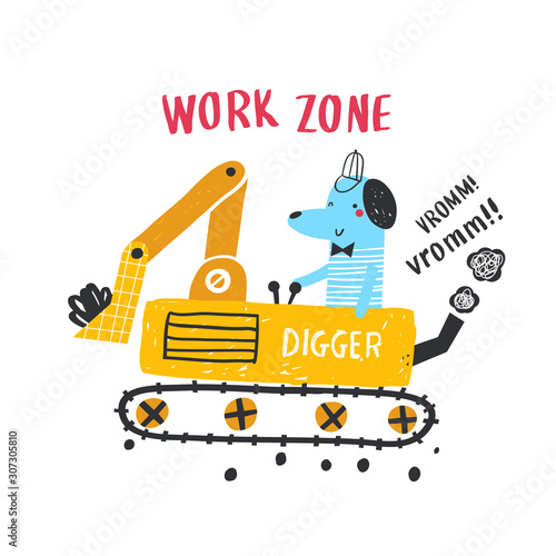 Little dog digger. Funny cartoon excavator vector illustration.