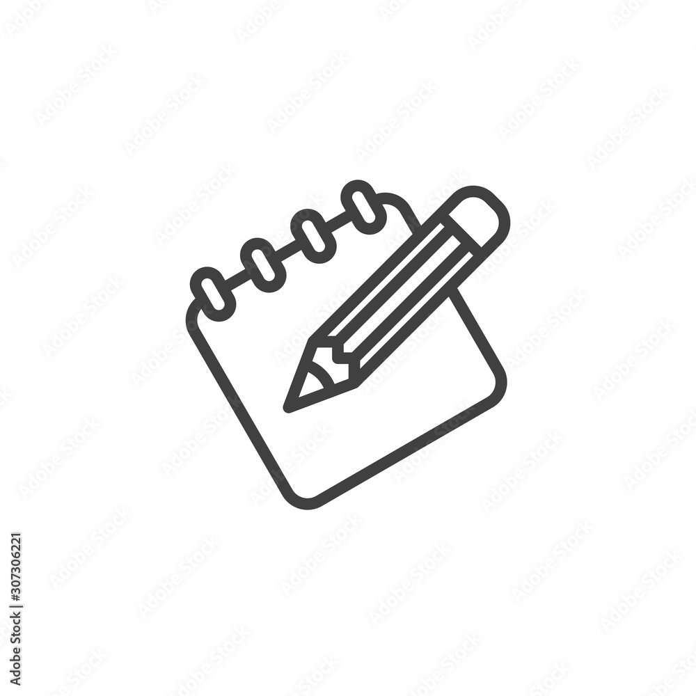 Note paper and pencil line icon. linear style sign for mobile concept and web design. Registration outline vector icon. Edit document symbol, logo illustration. Vector graphics Note paper and pencil line icon. linear style sign for mobile concept and web design. Registration outline vector icon. Edit document symbol, logo illustration. Vector graphics