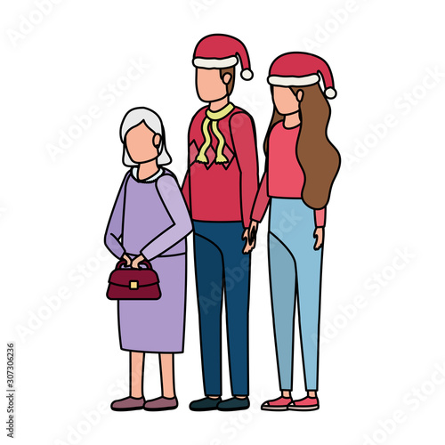 cute grandmother with young couple using christmas hat