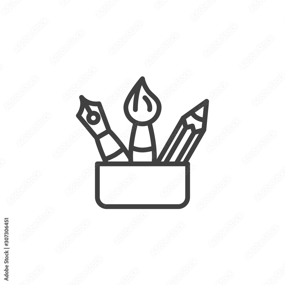 Drawing tools in holder line icon. linear style sign for mobile concept and web design. Paint brush with pencil and fountain pen outline vector icon. Symbol, logo illustration. Vector graphics