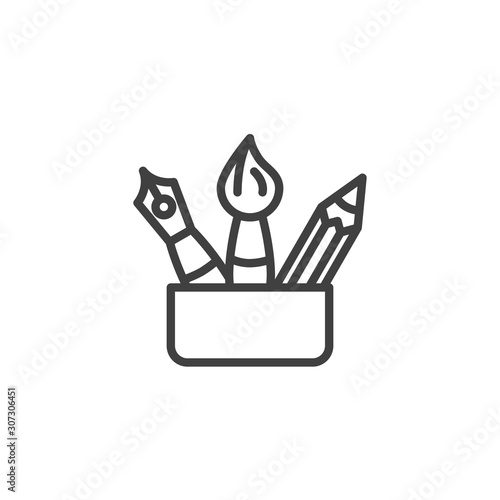 Drawing tools in holder line icon. linear style sign for mobile concept and web design. Paint brush with pencil and fountain pen outline vector icon. Symbol, logo illustration. Vector graphics