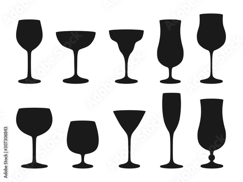 Silhouettes of various cocktail glasses isolated on white background. Vector illustration