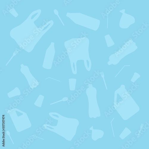 Stop ocean plastic pollution. Ecological poster. There are plastic garbage, bottle on blue background in the water. Plastic problem.