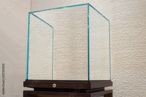 side view of Empty glass showcase display