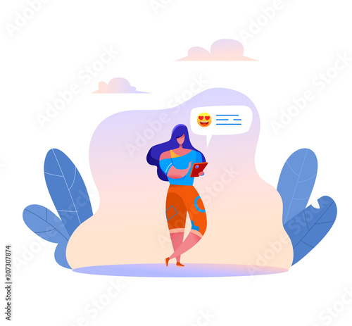 Vector cartoon woman sending message by smartphone