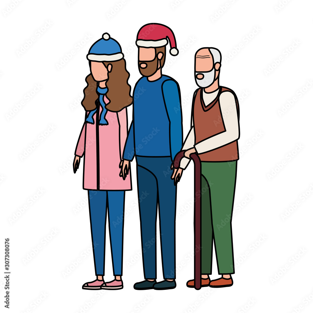 cute grandfather with young couple using christmas hat cute grandfather with young couple using christmas hat